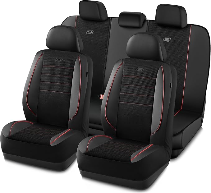 Skechers Air-Cooled Memory Foam Seat Covers,Mesh Thick Car Seat Covers,Piping Leather Car Seat Cover Full Set,Airbag Compatible,Automotive Comfort Universal Fit Most Cars,Vans,Trucks,SUV,Red by Unknown