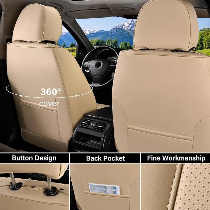 Coverado Seat Covers, Car Seat Covers Front Seats, Beige Nappa Leather Car Seat Covers, 2 Pack Waterproof Front Seat Covers, Breathable Leather Seat Cushion Universal Fit Most Cars Trucks - Image 2