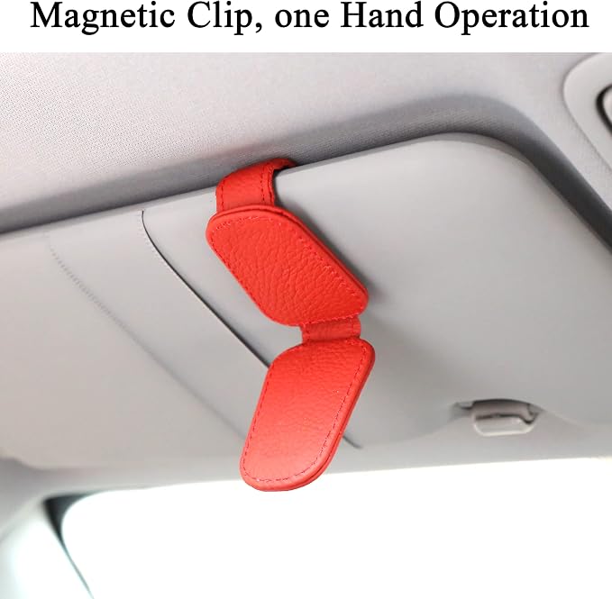KIWEN 2 Packs Sunglasses Holders for Car Visor, Magnetic Leather Glasses Eyeglass Clip for Car, Ticket Card Clip Sunglasses Mount, Car Visor Accessories Gadgets (2, Red) - Image 5