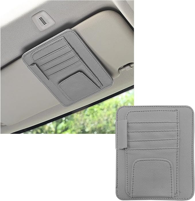 Dickno Small Leather Car Sun Visor Organizer, Multifunctional Auto Visor Document Holder with Sunglasses Clip, Universal Car Interior Organizer for Drving License, Card, Pen (Gray) by Dickno