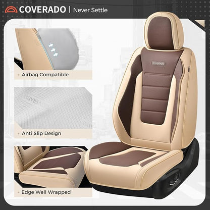 Coverado Car Seat Covers Full Set, Nappa Leather Seat Covers for Cars, Car Seat Protector Car Seat Cushion, Front and Back Seat Protectors Cushions Universal Fit for Most Cars Vehicles(Beige&Coffee) - Image 6