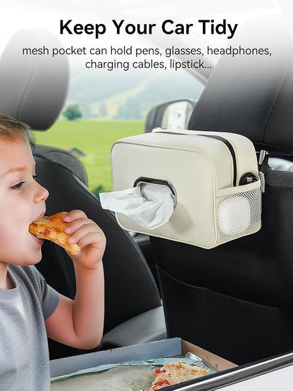 2PCS Multi-Functional Car Tissue Holder with ‌2 Tuck Nets, Tissue Box Cover | Upgraded PU Leather, Large Rectangle Napkin Storage Organizer, Keep Car Tidy, Beige - Image 3