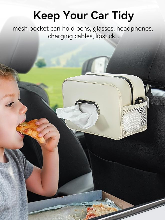Multi-Functional Car Tissue Holder with ‌2 Storage Nets, Tissue Box Cover | PU Leather Tissue Box Cover, Large Rectangle Napkin Organizer, Fit for 100-160 Regular Size Tissues, Keep Car Tidy, Beige - Image 2