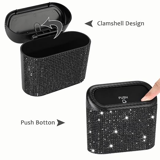 Accmor Bling Car Trash Can with Lid, Mini Vehicle Trash Bin, Car Dustbin Garbage Organizer with 60 Trash Bag, Leakproof Auto Storage Bag Container for Car, Home, Office (Carbon Fiber&Black Rhinestone) - Image 4