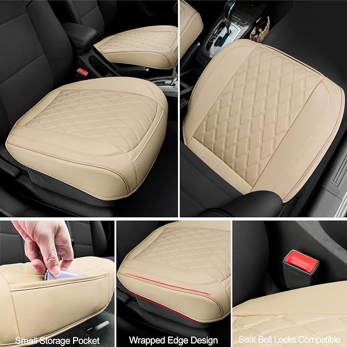 BEITK 2 Pack Leather Front Car Seat Bottom Covers Beige | PU leather,Waterproof, Full Wrap, Non-slip, with Storage Pocket, Universal Fit for Sedan Truck SUV, Easy to Install - Image 4