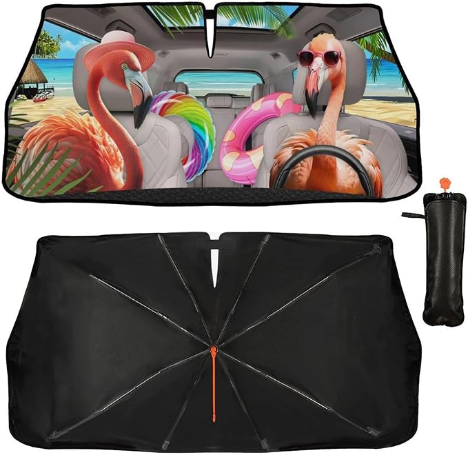 CHILL·TEK Funny Animal Car Windshield Sun Shade Umbrella, Cute Flamingo Car Sun Shade Umbrella, Block UV Rays Heat Foldable Windshield Umbrella Sun Visor Protector - Keep Vehicle Cool for Cars SUV - Image 2