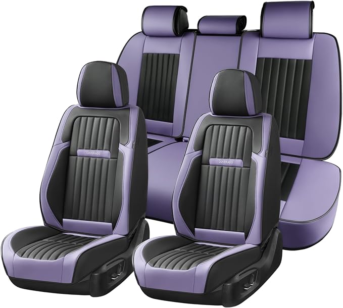 Coverado Car Seat Covers Full Set, Seat Covers for Cars, Car Seat Cover, Car Seat Protector, Leather Car Seat Cushion, Waterproof Car Seat Covers Front Seats and Back Fit for Most Cars(Purple&Black) by COVERADOAUTO
