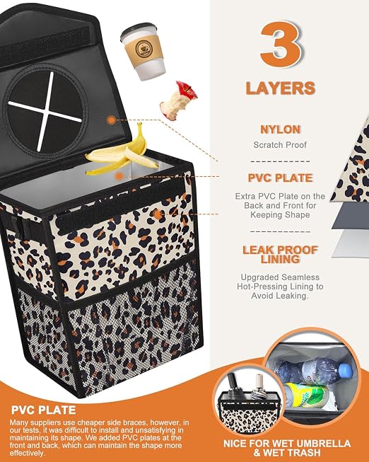 Pritent Car Trash Can with Lid Leakproof Car Garbage Bag Vehicle Trash Bin | Hanging Automotive Garbage Can,Multipurpose Car Accessories for Women Men Interior Car Storage Organizer(2 Gal,Leopard) - Image 3