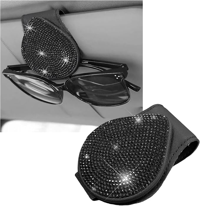 KVAEY Bling Sunglass Holder for Car Visor, Magnetic Leather Visor Clip Glasses Holder with Sparkling Rhinestones, Crystal Visor Ticket Card Clip for Women Girls, Car Accessories (Black) by KVAEY
