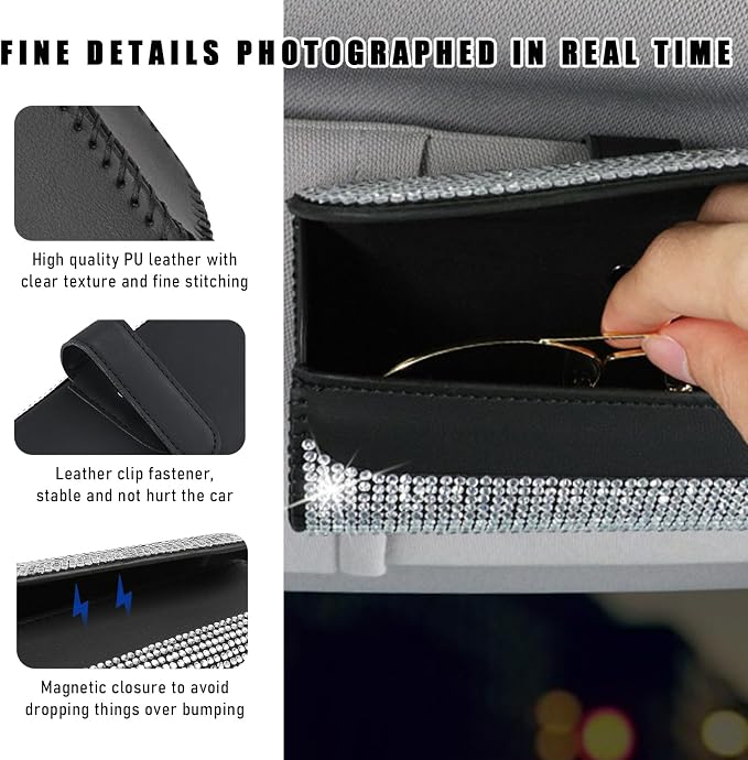 Ohleats Bling Sunglasses Holder for Sun Visor, Sparkling Glasses Sun Visor Organizer Case with Hidden Magnetic Closure, Auto Visor Crystal Eyeglasses Storage Case, Car Accessories (Bling Blue) - Image 3