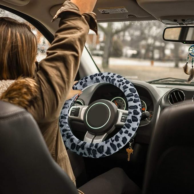 Fuzzy Steering Wheel Cover for Women Girls, Accmor Universal Fit Fur Car Wheel Cover & Handbrake Cover & Gear Shift Cover Set, Leopard Winter Warm Fluffy Vehicle Wheel Protector for Auto, SUV - Image 7