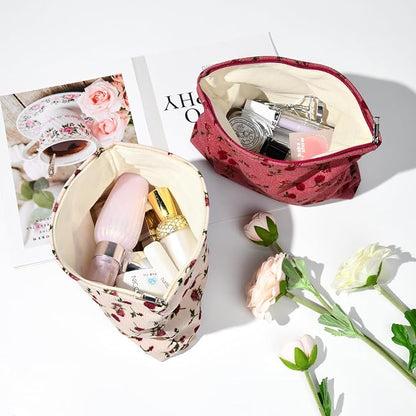 SOIDRAM 2 Pieces Rose Makeup Bag Large Corduroy Cosmetic Bag Capacity Canvas Travel Toiletry Bag Organizer Cute Makeup Brushes Aesthetic Accessories Storage Bag for Women, Rose L White Pink - Image 4