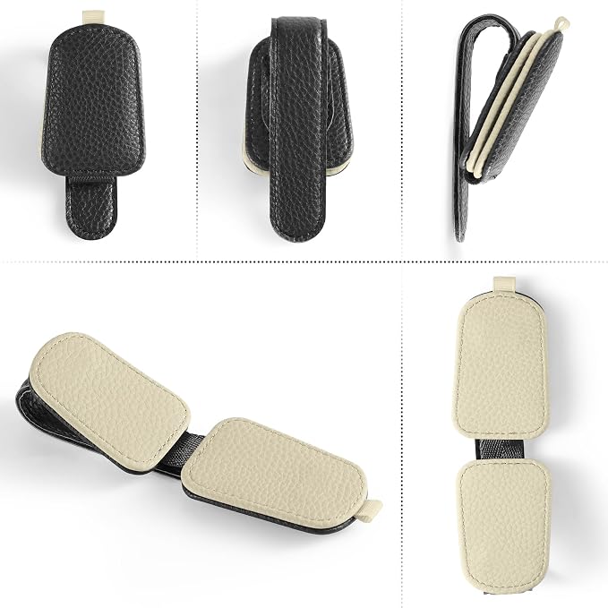 SINGARO Sunglasses Holder for Car, Leather Magnetic Buckle Sun Visor Sunglass Clip, Ticket Card Storage Glasses Clip, Car Interior Accessories for Men and Women（Black-Beige） - Image 4
