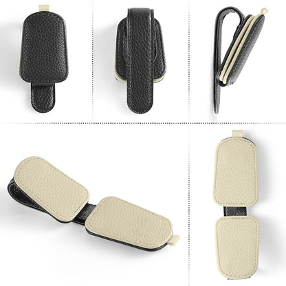 SINGARO Sunglasses Holder for Car, Leather Magnetic Buckle Sun Visor Sunglass Clip, Ticket Card Storage Glasses Clip, Car Interior Accessories for Men and Women（Black-Beige） - Image 4