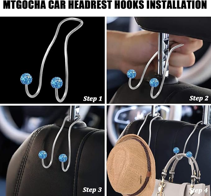 Bling Purse Hook for Car Headrest, Cute Car Seat Hooks (2Pack) | Upgraded,Durable Stainless,Car Purse Hanger,Purse holder,Rhinestones,Bag Hooks,Car Hooks for Purses and Bags Cute,Light Blue - Image 4
