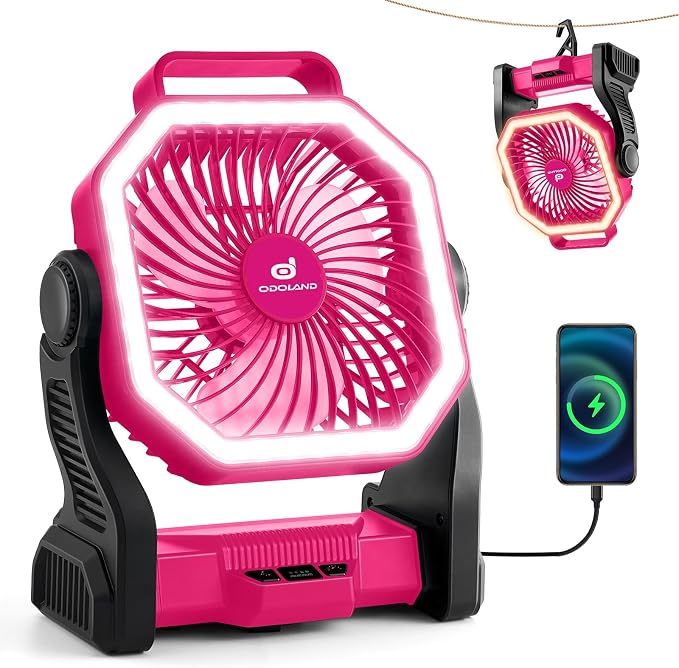 Odoland Portable Rechargeable Fan, 20000mAh Camping Fan with LED Lantern | 4-Speed Airflow & 3-Color Light Oscillating Fan with Hanging Hook for Tent Car Beach Hurricane Power Outage, Pink by Odoland