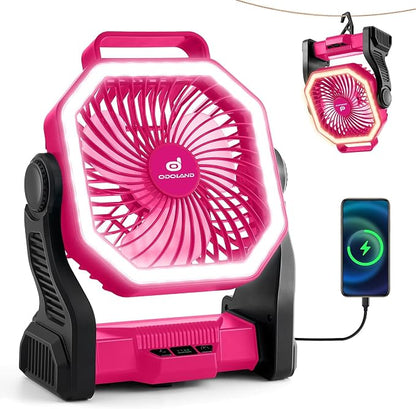 Odoland Portable Rechargeable Fan, 20000mAh Camping Fan with LED Lantern | 4-Speed Airflow & 3-Color Light Oscillating Fan with Hanging Hook for Tent Car Beach Hurricane Power Outage, Pink by Odoland