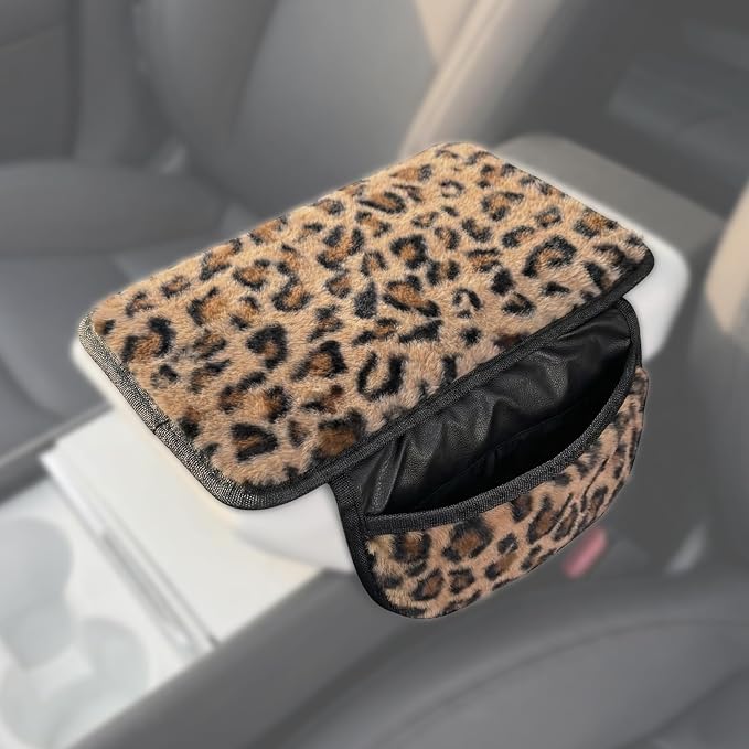 Plush Fuzzy Car Center Console Cover with Side Pockets, Leopard Print | Fluffy Armrest Cushion Pad,Soft Car Interior Accessories with Storage for Men & Women. Universal Fit for Vehicles SUV Truck - Image 9