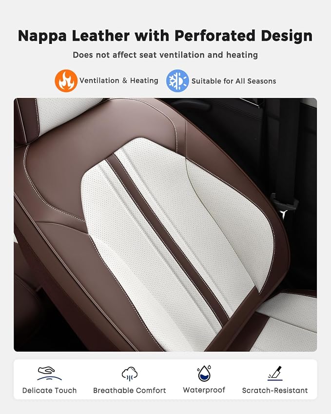 Huidasource Coffe White Front Seat Covers Luxury Faux Leather Front Car Seat Cover, Compatible with Airbags, Seatbelt Buckles, Perforation, Cooling＆Heating Universal Fit for Most Cars Vans Trucks SUVs - Image 5