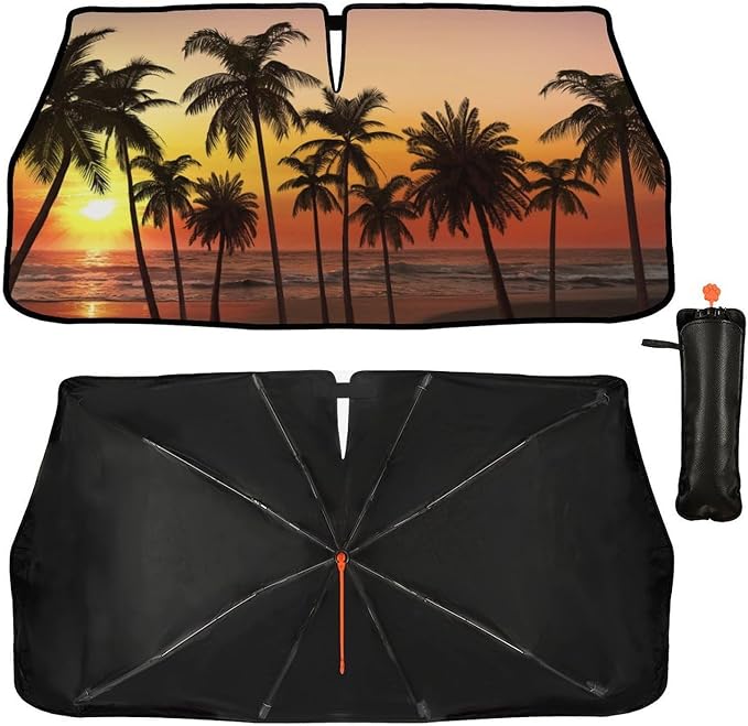 Sunset Palm Tree Car Windshield Sun Shade Umbrella Bendable Handle Foldable Funny Sunshade for Car Windshield Block UV Rays Keep Vehicle Cool for Most Sedans SUV Trucks Cars 57"x30" - Image 3