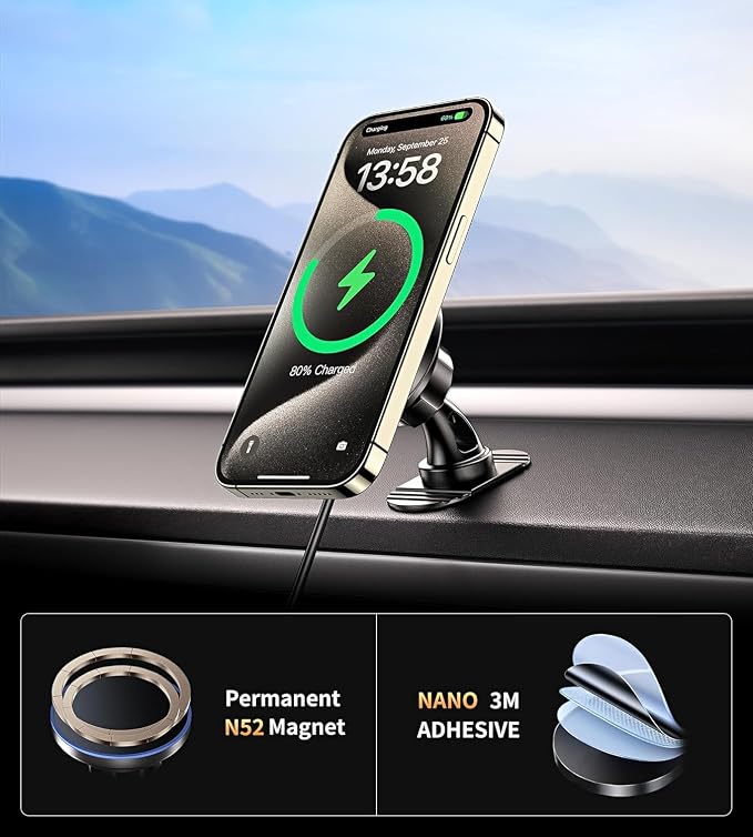 BHHB for Magsafe Car Mount Charger, [2026 Upgrade] 15W 2in1 Magnetic Wireless Car Charger, for Magsafe Car Charger, Vent/Dashboard Phone Holder, ONLY for iPhone 17 16 15 14 13 12 Series(Purple) - Image 5
