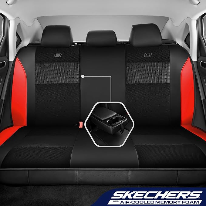 Skechers Aircooled & Memory Foam Seat Covers,Premium Leather with EVA Mesh Car Seat Covers,Seat Cover Full Sets,Airbag Compatible Automotive Comfort for Most Cars, Vans, Trucks, SUV,Red - Image 2