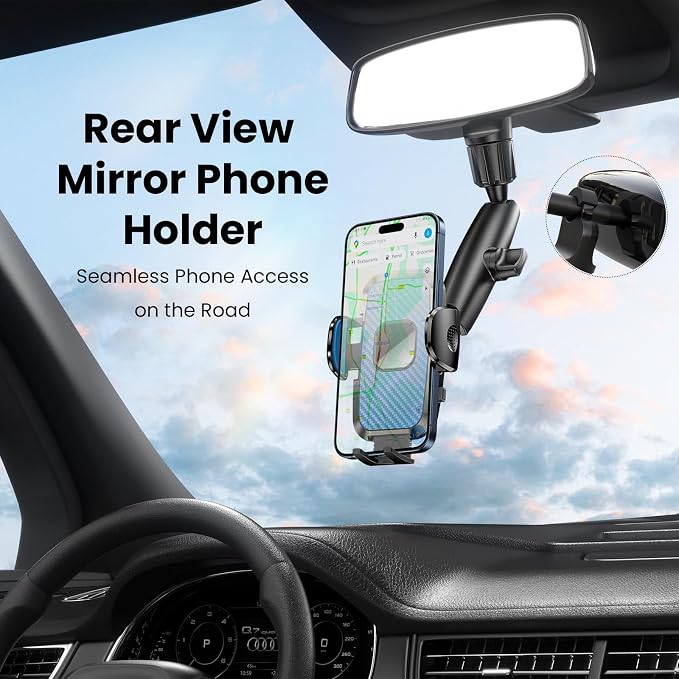 Rear View Mirror Phone Holder, 360° Rotating Car Phone Holder Mount Compatible with All 4-7 Inch iPhone and Android Cell Phones (Blue) - Image 3