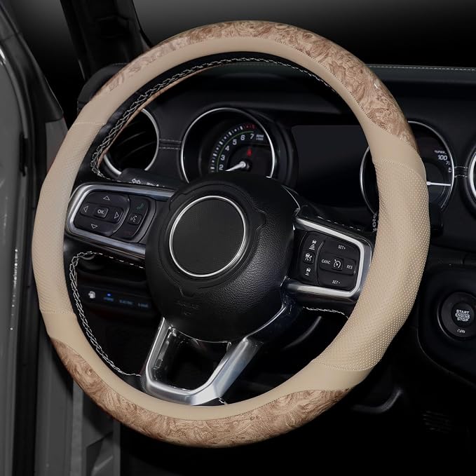 KAFEEK Wood Grain Steering Wheel Cover, 14.5-15 inch, Beige | Breathable Microfiber Leather, Non-Slip, Universal Fit Cars, SUVs, Truck - Image 3