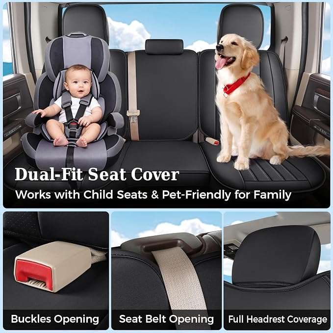 Truckiipa Seat Covers for Dodge Ram 1500 Full Set, Full Coverage Waterproof Leather Protectors Pickup Truck Accessories, Custom Fit for 2002-2026 Ram 1500 2500 3500 Crew Mega Cab, Black - Image 6