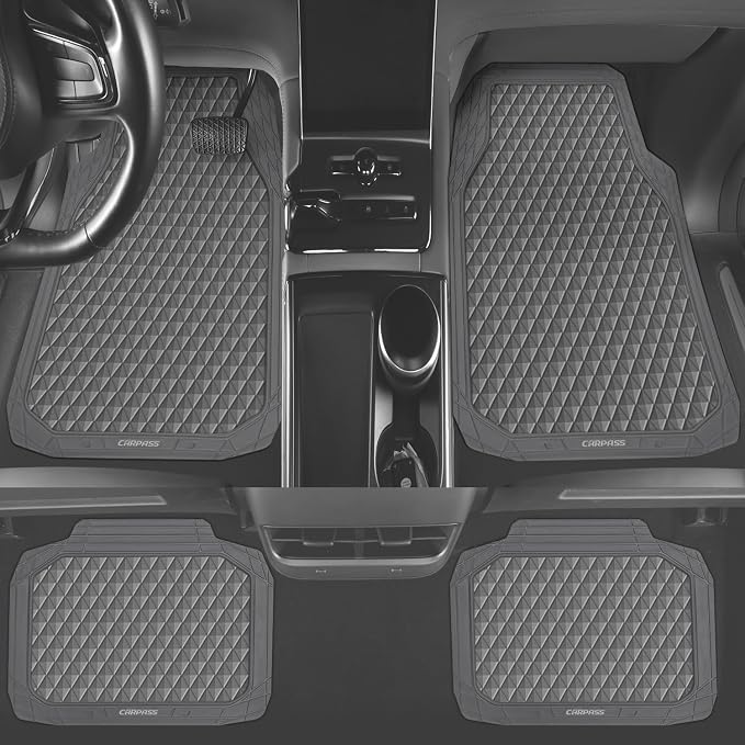 CAR PASS Gray Rubber Car Floor Mats & Cargo Liners, Durable Anti-Slip 3D Rhombus Waterproof Automotive Pad Trim Fit Liner All-Weather Trunk Mats Full Set Universal Fit Auto Van Sedan SUV Truck Gray - Image 4
