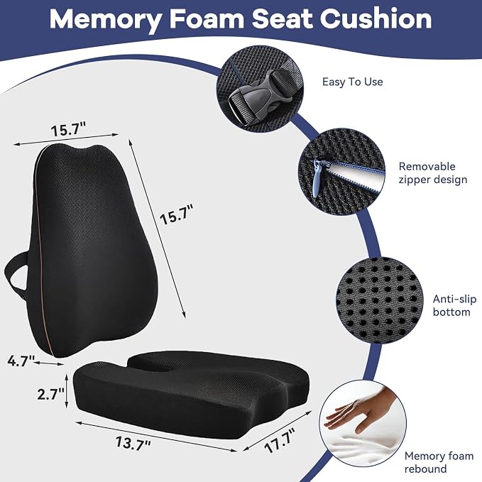 Car Seat Cushion with Lumbar Support, Memory Foam for Long Driving | 3D Breathable Mesh, 60D Memory Foam, Non-slip Base And Adjustable Strap; For Cars, Trucks, Office And Gaming Chairs, Black - Image 2