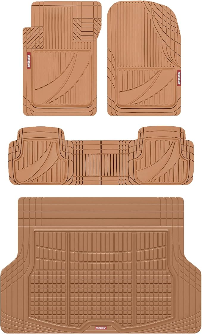 Motor Trend FlexTough Advanced Heavy Duty Beige Rubber Car Floor Mats & Cargo Liner for SUV & Car Full Set - Universal Trim to Fit All Weather Automotive Floor Mat & Cargo Liners for SUV, Car, & Van by MotorTrend