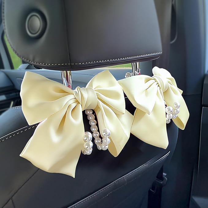 2 PCS Bow Pearl Car Seat Headrest Hook – Cute Purse Hook for Car, Girly Interior Decoration Accessories Hook Hanger, Seatback Holder for Purses & Bags, Elegant Car Organizer (Pearl White) by Unknown