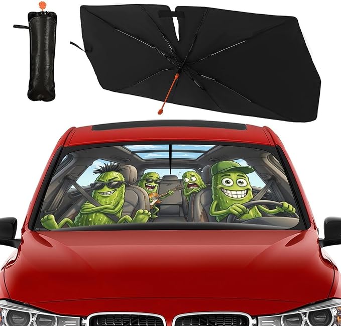 Socira Funny Pickle Car Windshield Sun Shade Umbrella Pickle Gifts | Foldable Sunshade for Front Window Auto Windshield Sunshade Covers Car Accessories Protect from Sun Rays Heat 57'' X 30'' - Image 8