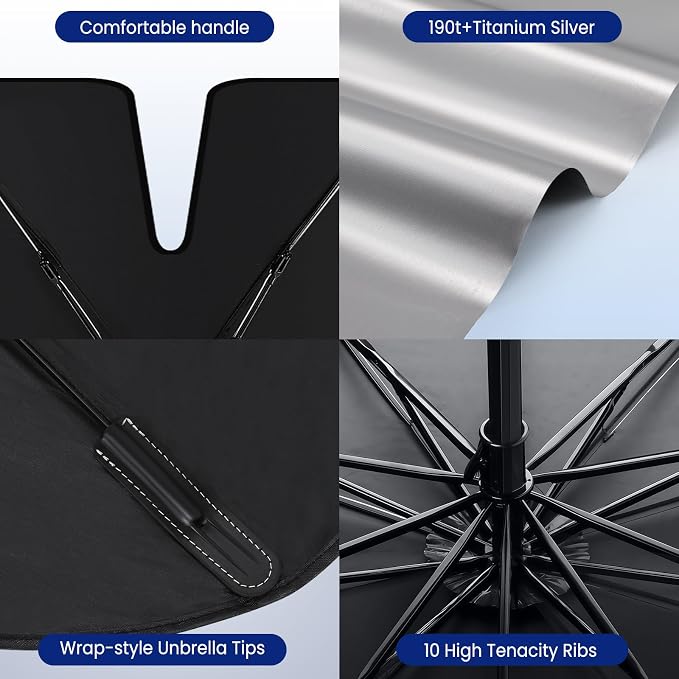 Pleneal Windshield Sun Shade Umbrella, 55" x 31" Foldable Car Sun Shade | 55" x 31", Titanium Silver Reflective Material, Bendable Shaft, High Tenacity Ribs, One-piece Opening Design, Storage Bag - Image 5