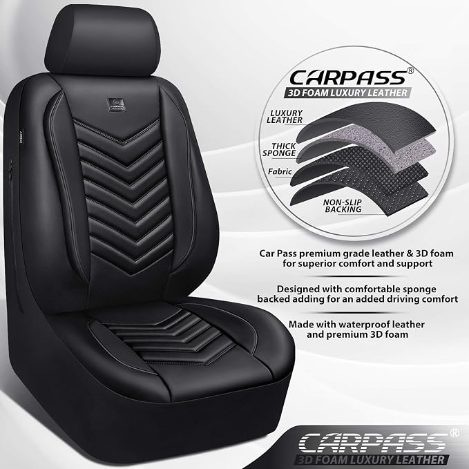 CAR PASS 3D Foam Faux Leather Seat Covers Full Set,Waterproof Leather Seat Cover for Cars,Luxury Universal Fit for SUV Truck Sedan Automotive, Armrest Airbag Compatible Anti-Slip, All Black - Image 6