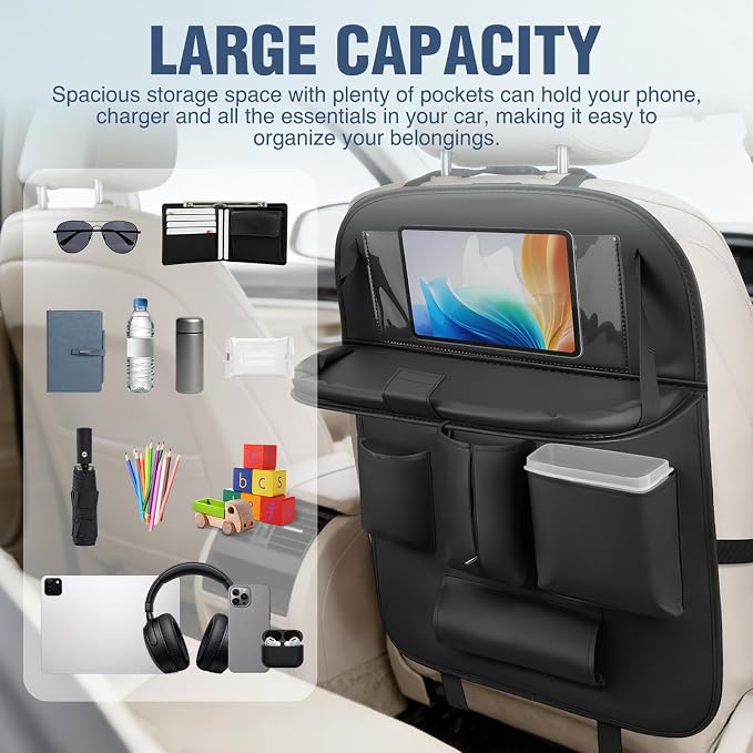 Nilight Car Seatback Organizer 1PC Black PU Leather Universal | Foldable Tray Tablet Holder Tissue Box Removable Bucket Waterproof Storage Bag for Cars Vans SUVs MPVs Pickup Trucks - Image 4