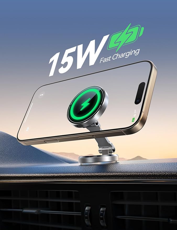 MagSafe Car Mount Charger with 360° Rotatable Charging Panel & Base, Silver | 15W Fast Charging Magnetic Phone Holder, Strong Magnets Wireless Car Charger, Car Mount for iPhone 17 Pro Max 16 15 14 13 12 - Image 6