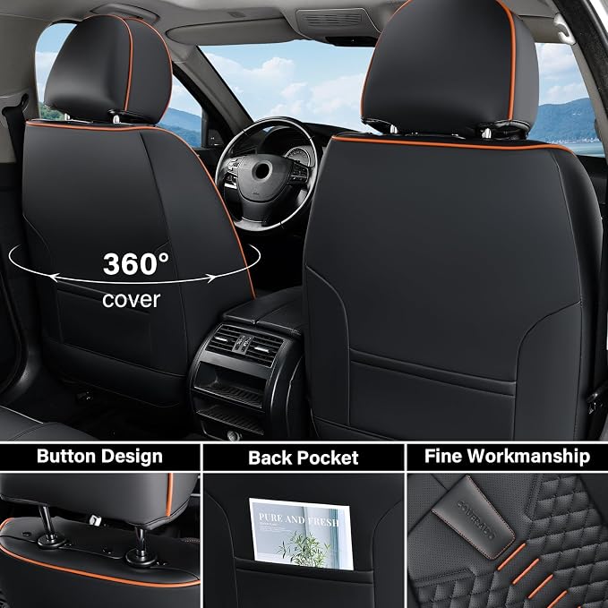 Coverado Leather Seat Covers, Car Seat Covers Full Set, Nappa Leather Seat Covers for Cars, Car Seat Protectors Waterproof, 5 Seats Black&Orange Automotive Seat Covers Fit for Most Cars Trucks - Image 3