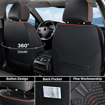Coverado Leather Seat Covers, Car Seat Covers Full Set, Nappa Leather Seat Covers for Cars, Car Seat Protectors Waterproof, 5 Seats Black&Orange Automotive Seat Covers Fit for Most Cars Trucks - Image 3