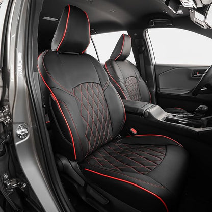 EKR Car Challenger Seat Covers 2011-2014,Leatherette Full Set | Custom Fit for Dodge Challenger 2011 2012 2013 2014 -Faux Leather(Black with Red Piping) by EKR