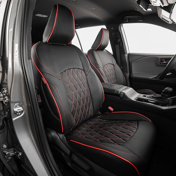 EKR Rav4 Seat Covers Custom Fit for Toyota Rav4 (Hybrid) Woodland/Limited 2026, Leather Car Seat Cover Full Set for SUV,Faux Leather(Black with Red Piping) by EKR