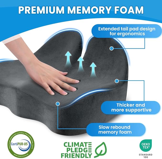 CushZone Extra Large Seat Cushion, Sciatica Support for Office Chair, Grey | Ergonomic Office Chair Cushion for Hip & Tailbone Pain Relief, Memory Foam Cushion for Car, Long Trip, Desk Chair, Lab - Image 3