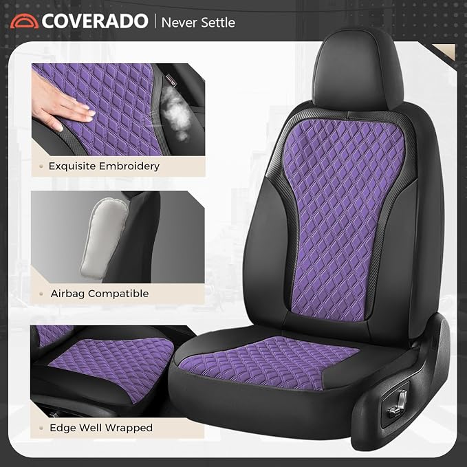 Coverado Front Seat Covers, Luxury Diamond Leather Car Seat Cover with Carbon Fiber Weave, Waterproof Car Seat Cover Driver Seat Cover Spill-Proof Design Universal Fit for Most Cars, BlackPurple - Image 4