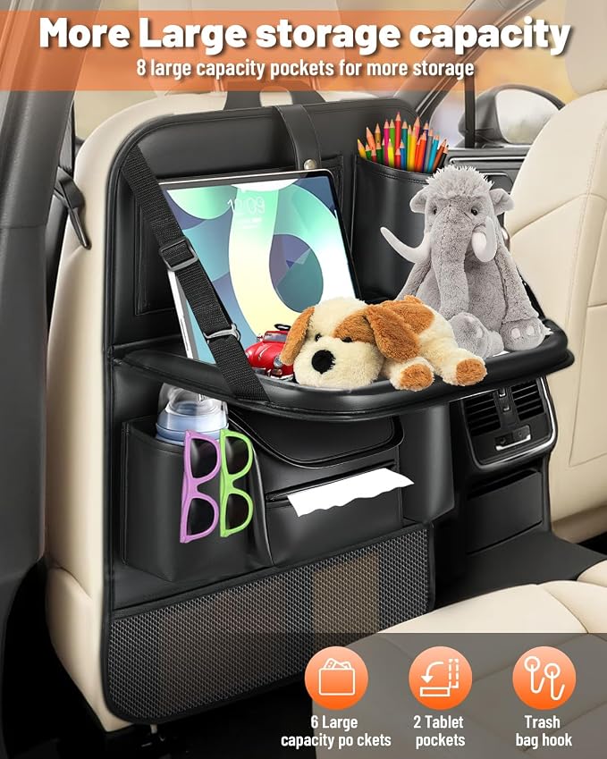 2 Pack Leather Car Backseat Organizer with Foldable Table Tray | Garbage Bag Hook, Protector Kick Mats for Kids, 8 Large-Capacity Pocket, Universal Car Seat Protector for Kids, Pets & Travel - Image 4