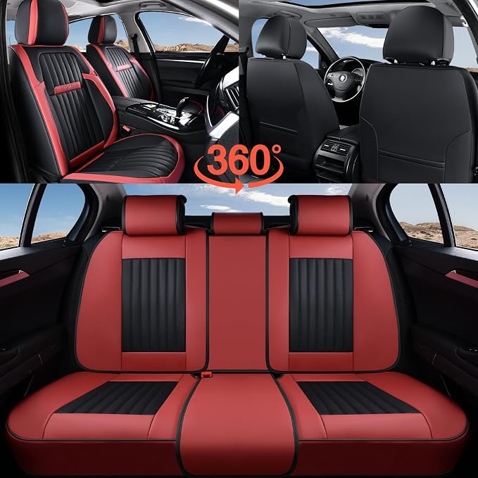 Coverado Car Seat Covers Full Set, Seat Covers for Cars, Car Seat Cover, Car Seat Protector, Leather Car Seat Cushion, Waterproof Car Seat Covers Front Seats and Back Fit for Most Cars(Red&Black) - Image 8