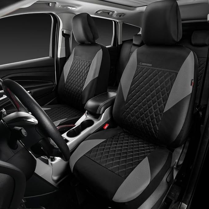 CAR PASS Quilting Leather Seat Covers Full Set,Universal Waterproof Deluxe PU Premium Car Seat Cover with 5mm Composite Sponge Inside,Airbag Compatible,Front and Rear Seat Cover for Sedan SUV Van,Gray - Image 2