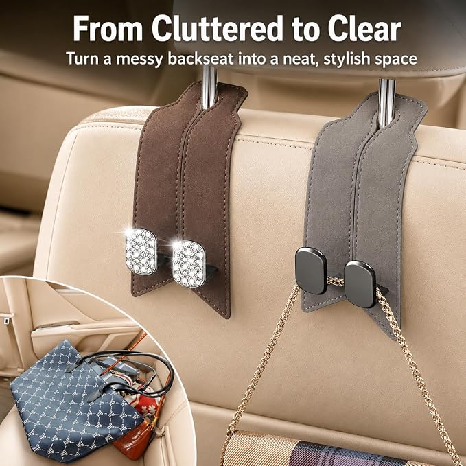 2 Pack Car Headrest Hooks, Dual Metal Purse Hangers, Classic Gray | Premium leather with dual metal hooks and anti-drop design. Holds purses, bags, coats, and groceries securely. - Image 4