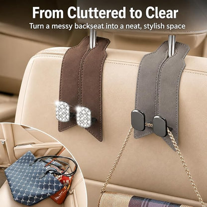 2 Pack Car Headrest Hooks, Dual Metal Purse Hangers, Classic Gray | Premium leather with dual metal hooks and anti-drop design. Holds purses, bags, coats, and groceries securely. - Image 4