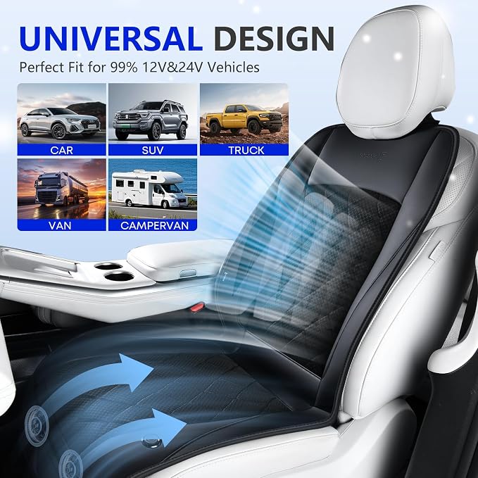[2026 Upgrade] Cooling Car Seat Cover Ventilated Seat Cushion Summer Driving 12V-24V Ventilated Car Seat Cushion with 2 Powerful Turbo Fans with 3-Speed Adjustable Universal Fit Most Car-Black - Image 7